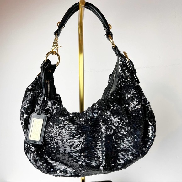 Badgley Mischka Black/Silver Sequin Hobo Bag Gold Hardware - Picture 9 of 9